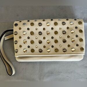 Studded Cream Leather Clutch Bag
